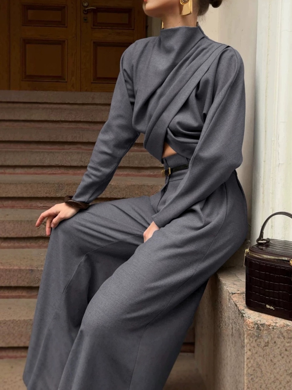 Draped Crop Top and Wide-Leg Pants Set
